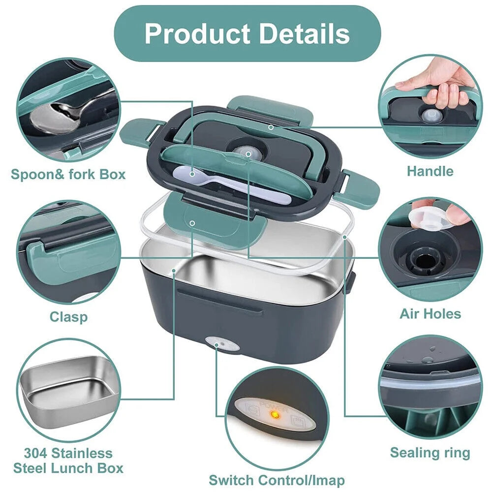 Electric Heating Lunch Box Food Heater/Warmer Portable Heated Lunch Boxes for Car Truck and Home Work Adults Electric Lunch Box - Leak Proof, 1.5L Removable 304 Stainless Steel Container,Green