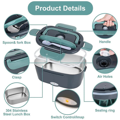 Electric Heating Lunch Box Food Heater/Warmer Portable Heated Lunch Boxes for Car Truck and Home Work Adults Electric Lunch Box - Leak Proof, 1.5L Removable 304 Stainless Steel Container,Green