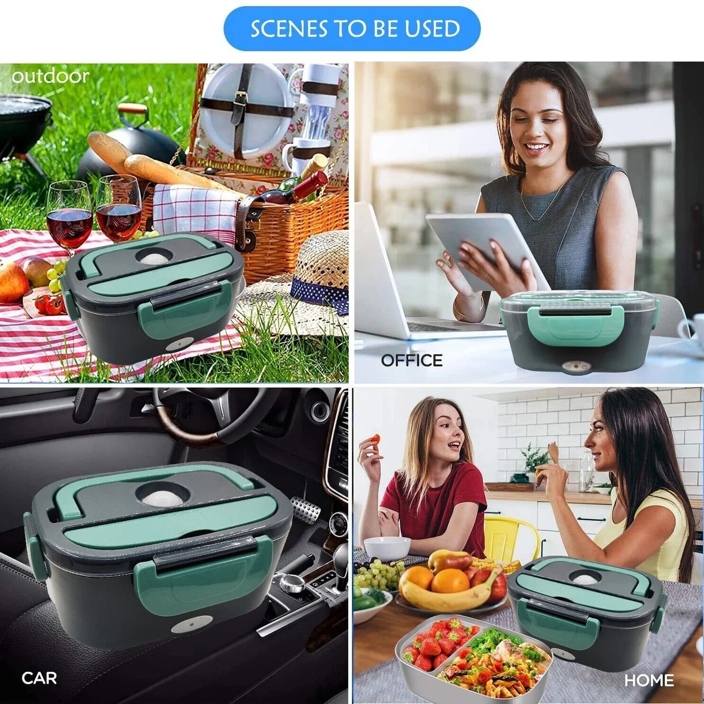 Electric Heating Lunch Box Food Heater/Warmer Portable Heated Lunch Boxes for Car Truck and Home Work Adults Electric Lunch Box - Leak Proof, 1.5L Removable 304 Stainless Steel Container,Green