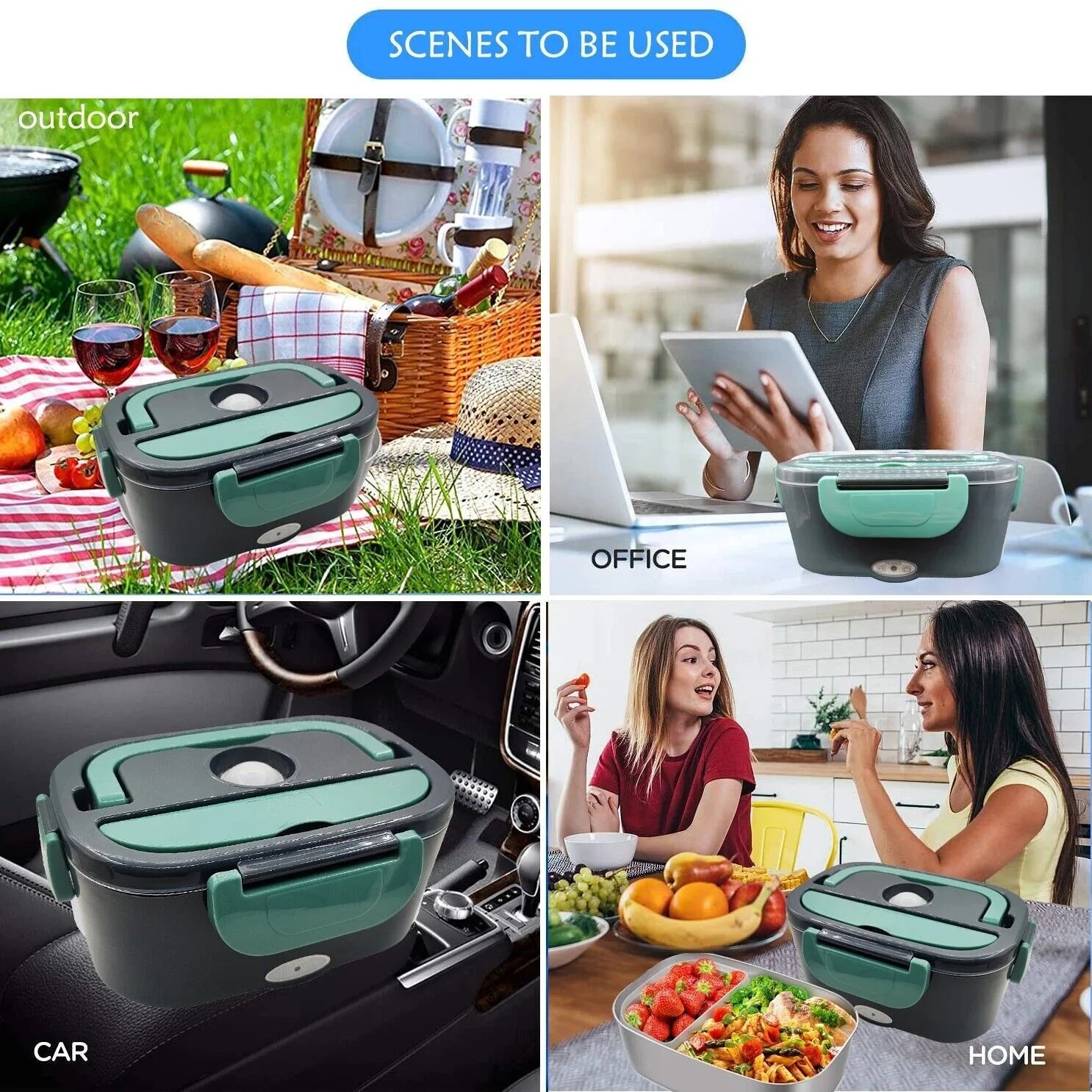 Electric Heating Lunch Box Food Heater/Warmer Portable Heated Lunch Boxes for Car Truck and Home Work Adults Electric Lunch Box - Leak Proof, 1.5L Removable 304 Stainless Steel Container,Green