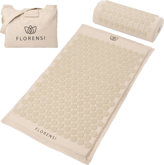 Acupressure Mat and Pillow Set, 3 Piece Acupuncture Mat Set for Neck and Back Pain Relief, Sciatic & Muscle Tension Relief- 100% Linen Cotton with over 8000 Durable Bpa-Free Spikes